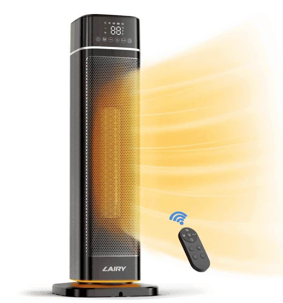 lairy 24inch space heater for indoor use, 1500w fast electric ceramic tower heaters with thermostat,3 modes, eco, black