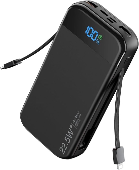 portable charger power bank built-in cables, 32000mah 22.5w usb c fast charging, 5 outputs 3 inputs travel essentials battery pack compatible with iphone, ipad, samsung, google pixel, black