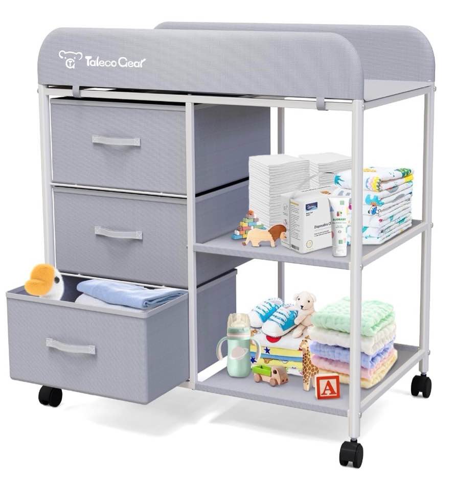 taleco gear baby changing table, portable diaper changing station with wheels, nursery organizer for newborn and infant, light gray