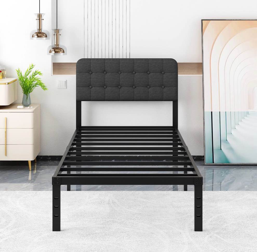 maenizi twin xl bed frame with upholstered headboard, 18 inch tall twin xl bed frames, steel slat support, noise free, no box spring needed, easy assembly, black