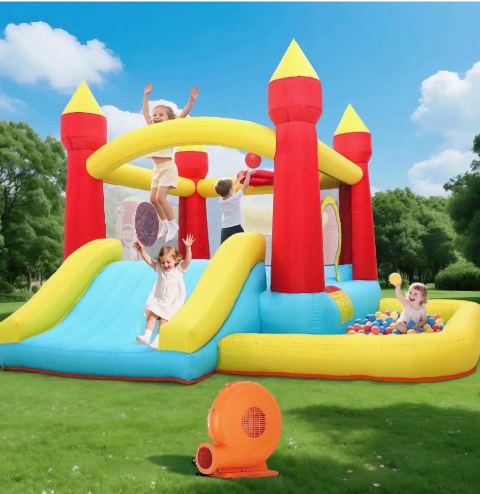 toiyjofe inflatable bounce house with slide & ball pit, kids bouncy castle with blower, backyard play center for kids 3-6, indoor outdoor party use