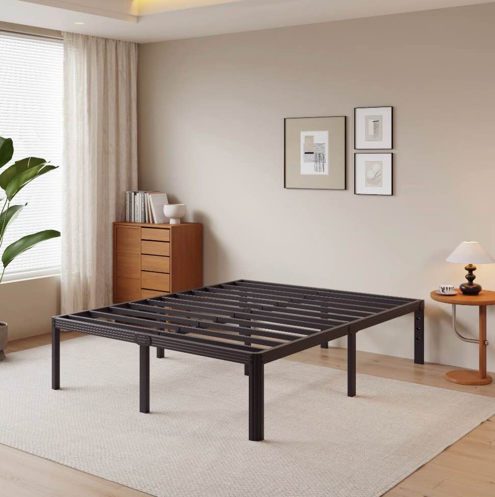 woozuro 18 inch queen metal bed frame with rounded corners, heavy duty, no box spring needed, easy assembly