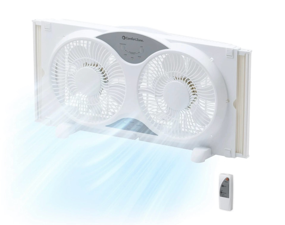 comfort zone 9 3-speed reversible twin window fan with remote control white