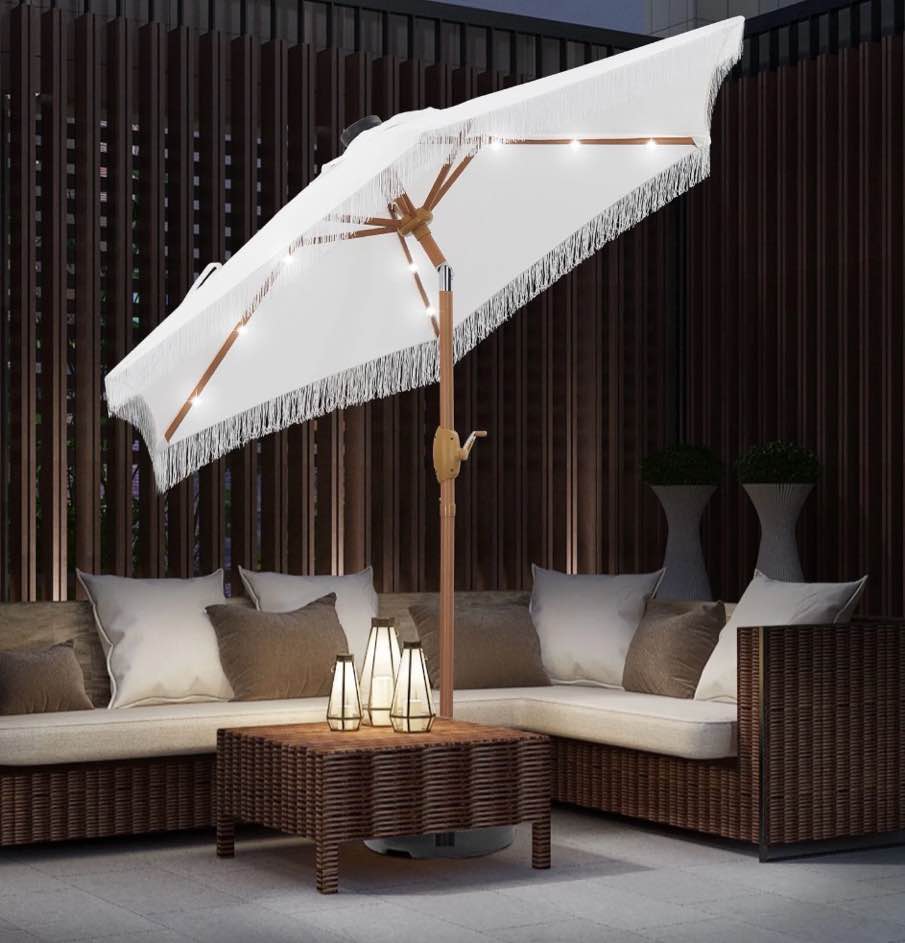autlaycil 7.5 ft patio umbrella with tassel  18 led lights solar umbrella  white