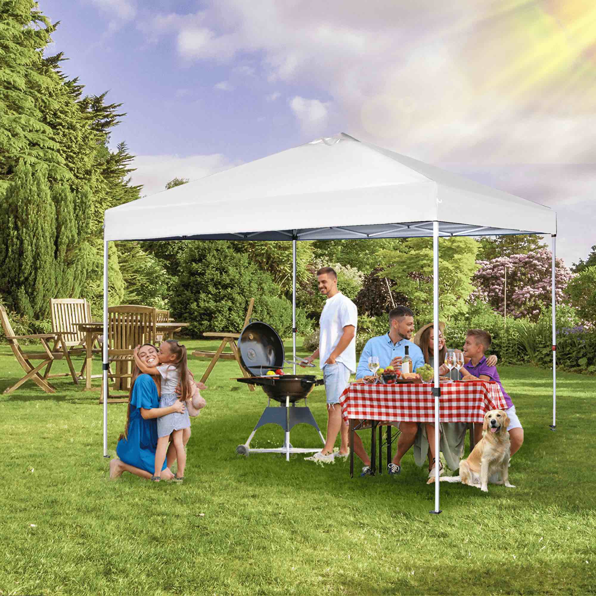 gvdv 10x10 pop up canopy tent with wheeled bag 4 stakes 4 ropes 100sqft of shade forest white
