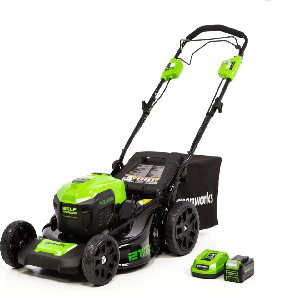 greenworks self-propelled 21-inch brushless lawn mower 40v with 5ah battery and charger