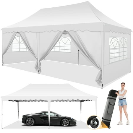 sanopy 10  x 20  pop up canopy party tent with 6 removable sidewalls  wave eave outdoor waterproof patio gazebo tent with carry bag  backyards camping picnics  white