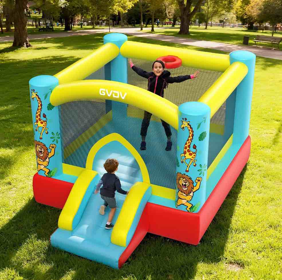 gvdv 9ft inflatable bounce house with slide & 350w blower, jumping castle bouncer for 3 kids, indoor and outdoor use