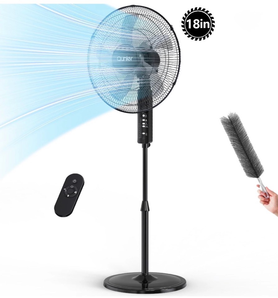 qunler 18" oscillating pedestal fan with remote and timer, adjustable high-velocity quiet electric standing up fan for home and bedroom, black
