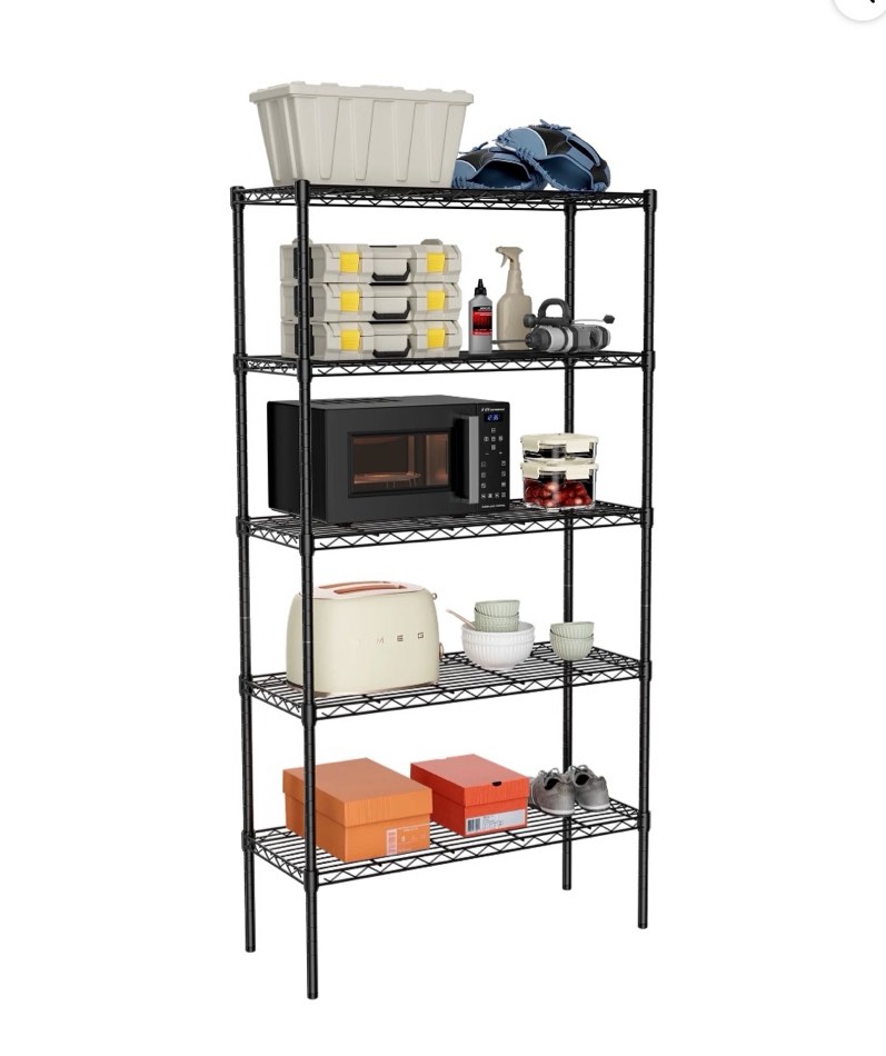 edx 5-tier storage shelf unit,60-inch metal wire shelving rack ,adjustable layer height,for kitchen garage living room, black
