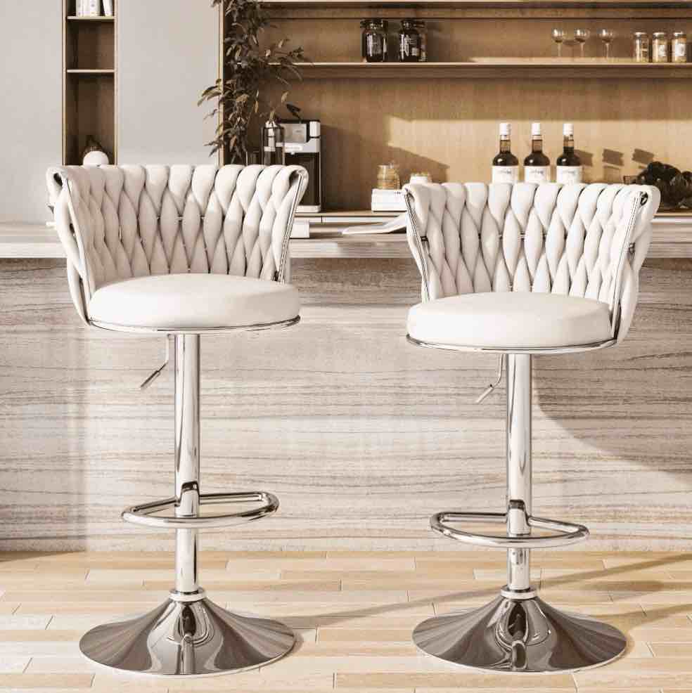 baxluxe velvet bar stools set of 2, swivel counter height bar chairs with footrest, metal base adjustable pub stools island chairs, high stools chairs for kitchen island, pub, restaurant, beige