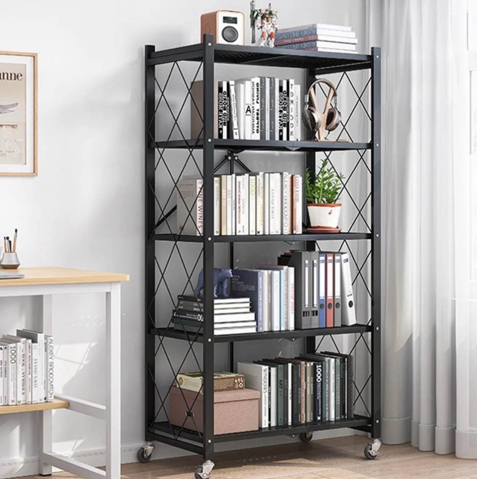 cookcok 5-tier storage shelving unit  metal shelf 27.9 x13.4 x62.5  foldable storage shelf with wheels  garage shelf  metal storage rack  kitchen shelf with 4 hooks  no assemble require