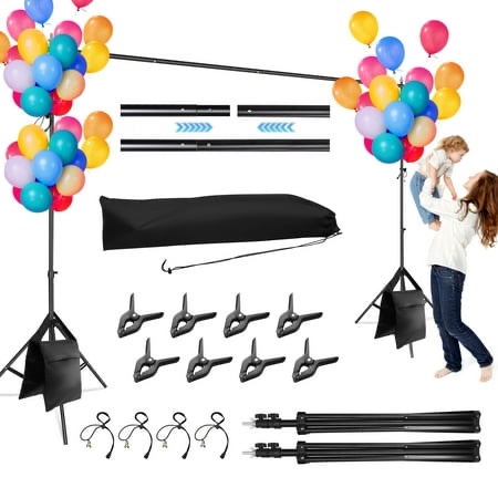 RELOIVE Backdrop Stand 7ft Height X 10ft Wide Adjustable Photo Backdrop Stand Kit with Carry Bag 8pcs Clamps 2pcs Sandbags and 4pcs Elastic String