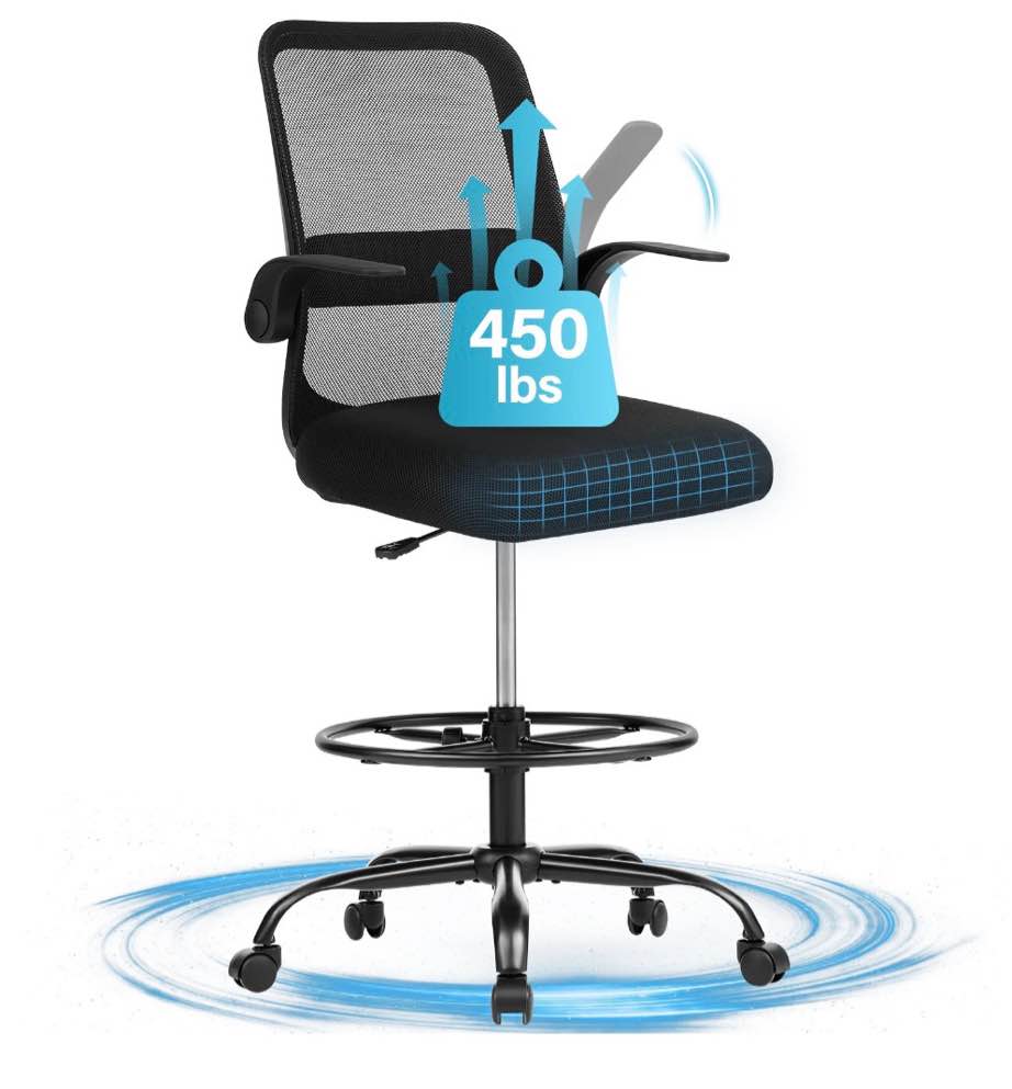 JONPONY 450LBS Office Drafting Chair, Executive Rolling Swivel Chair with Adjustable Foot Ring and Flip-Up Arms, Comfy Thicken Cushion, Breathable Mesh Standing Desk Chair, Black