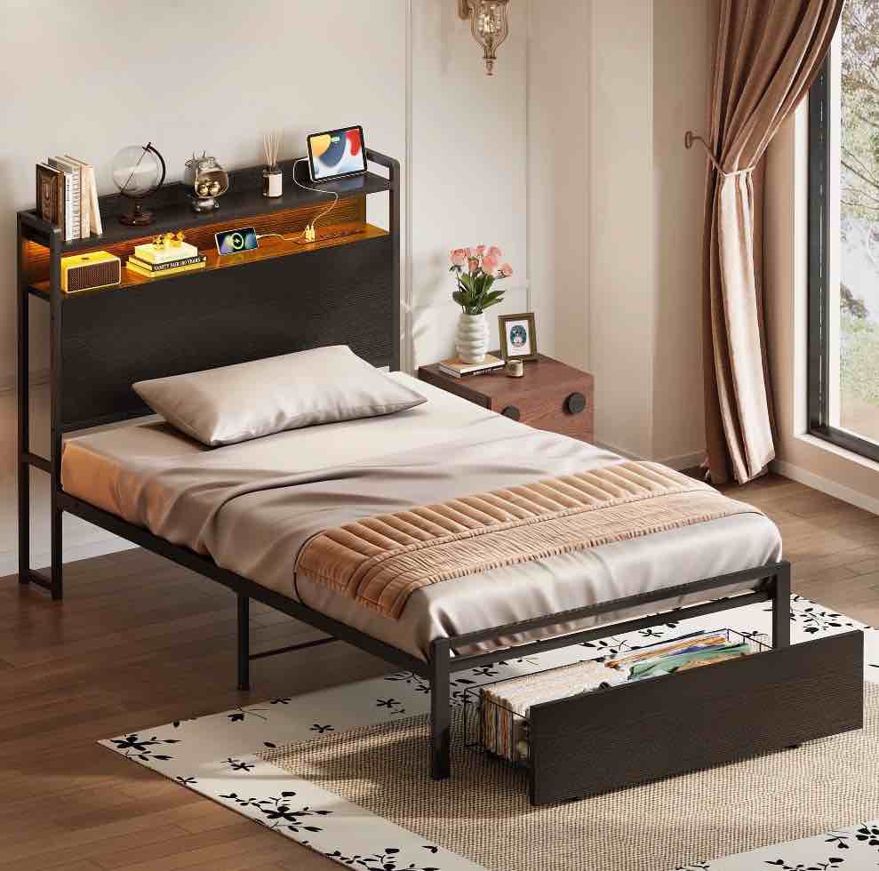 Casacomoda Twin Size Bed Frame with Storage Headboard, Metal Platform Bed Frame with Storage Drawer, Bed Frame with Charging Station & LED Light, No Box Spring Needed, Black