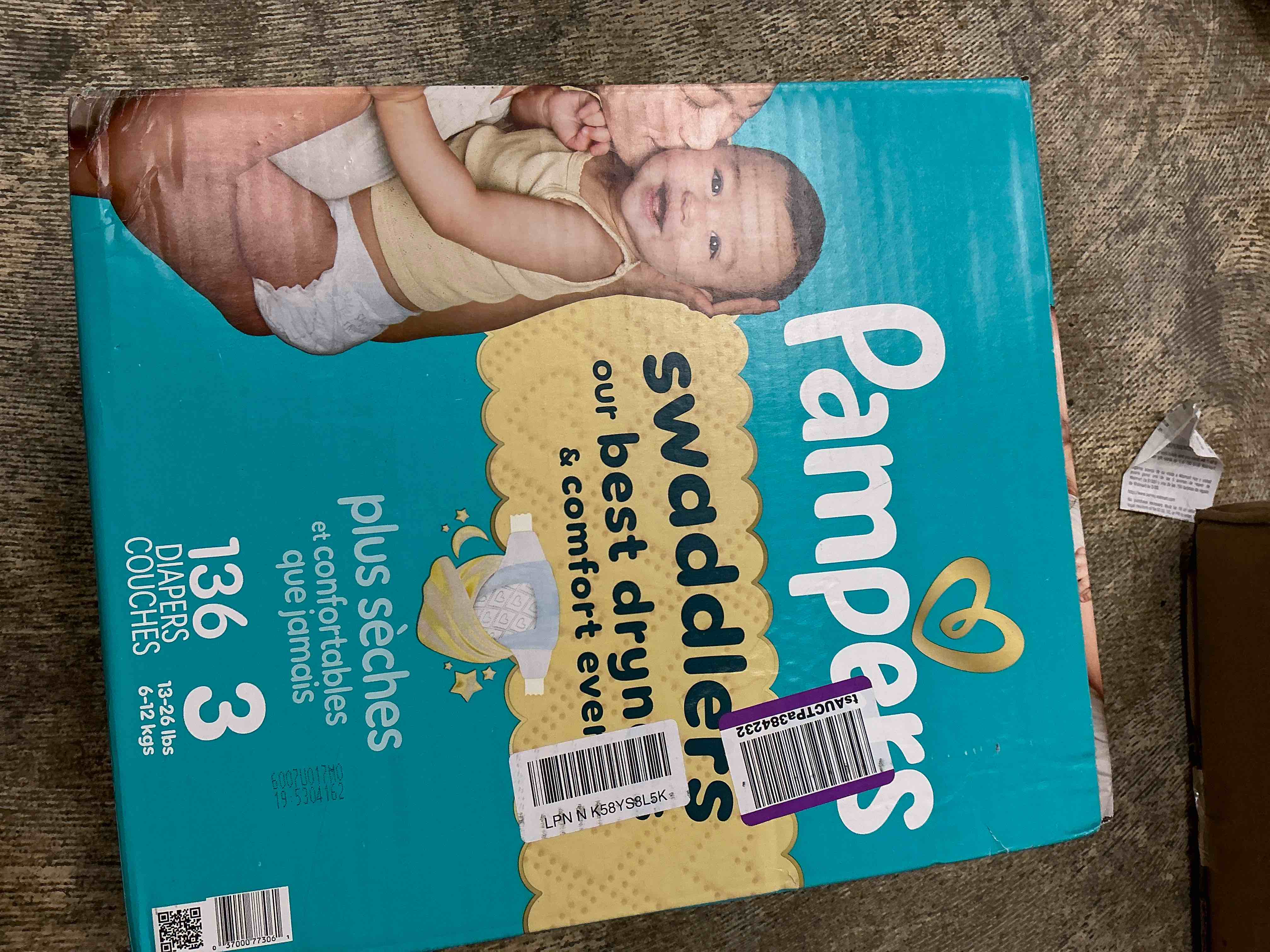 Condition photo showing New/Like New for pampers swaddlers diapers, size 3 (13-26 lbs), 136 count, absorbent, keeps baby dry and comfortable, skin safe disposable baby diaper (packaging may vary) size 3 136