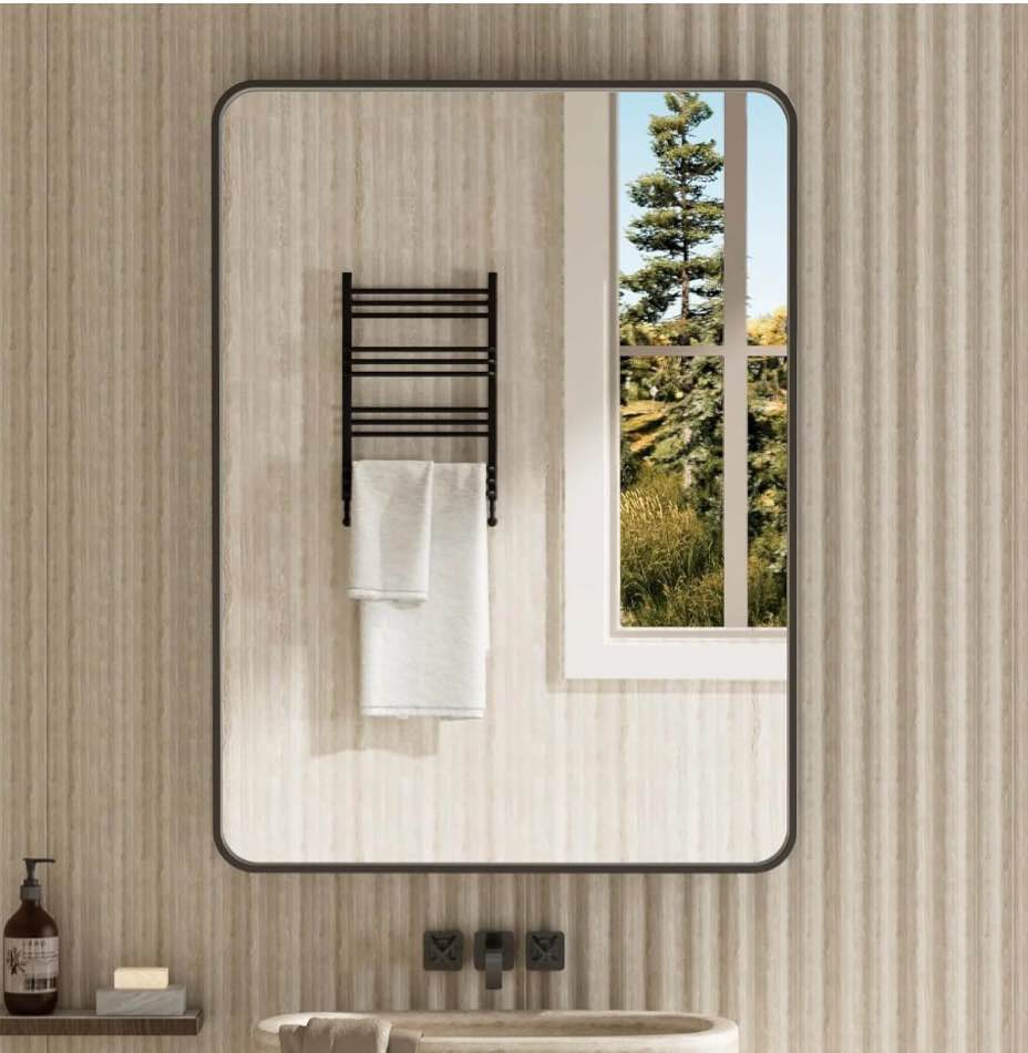 black bathroom mirror for wall  20x30 inch matte black mirror  rectangular black metal framed vanity mirror with tempered glass