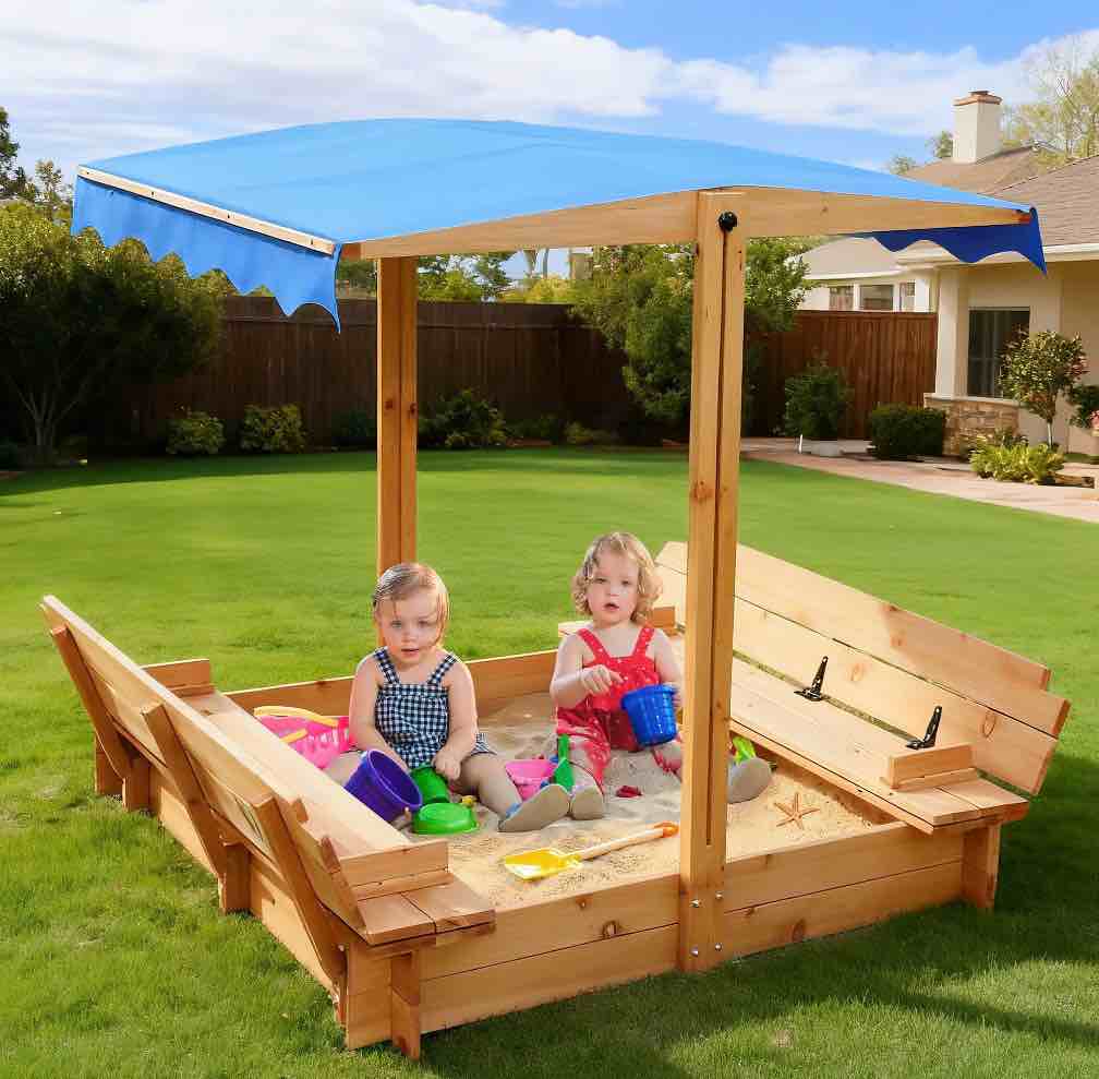funtok wooden sandbox with cover & canopy adjustable in height angle, 48x48" sand box for kids w/ 2 foldable bench seats , 2 in 1 kid outdoor sandbox w/ lid for backyard lawn beach