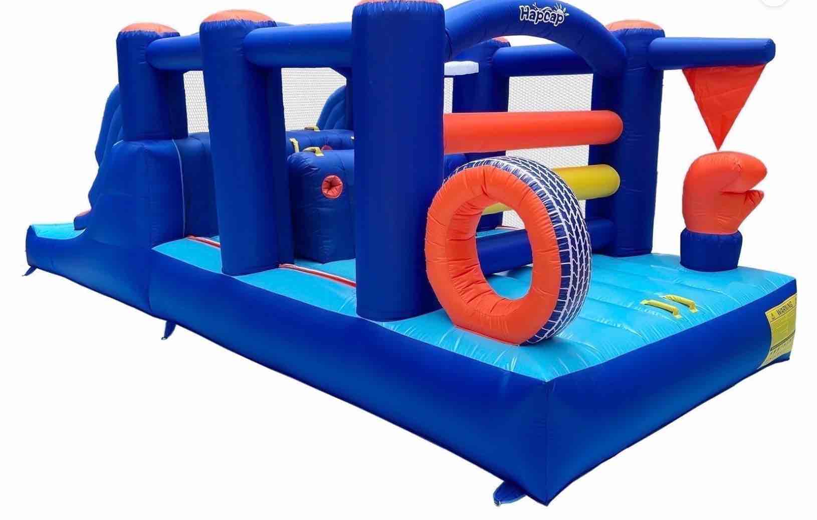 Condition photo showing New/Like New for hapcap inflatable bounce house obstacle course with slide for outdoor use