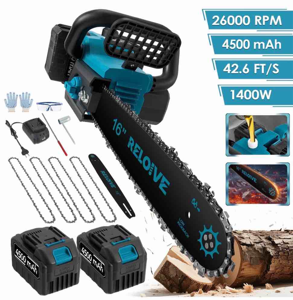 reloive 16" cordless electric chainsaw with brushless motor, 26000 rpm, 42.6 ft/s chain speed, two 4.5ah batteries, 4 chains, handheld wood cutting tool