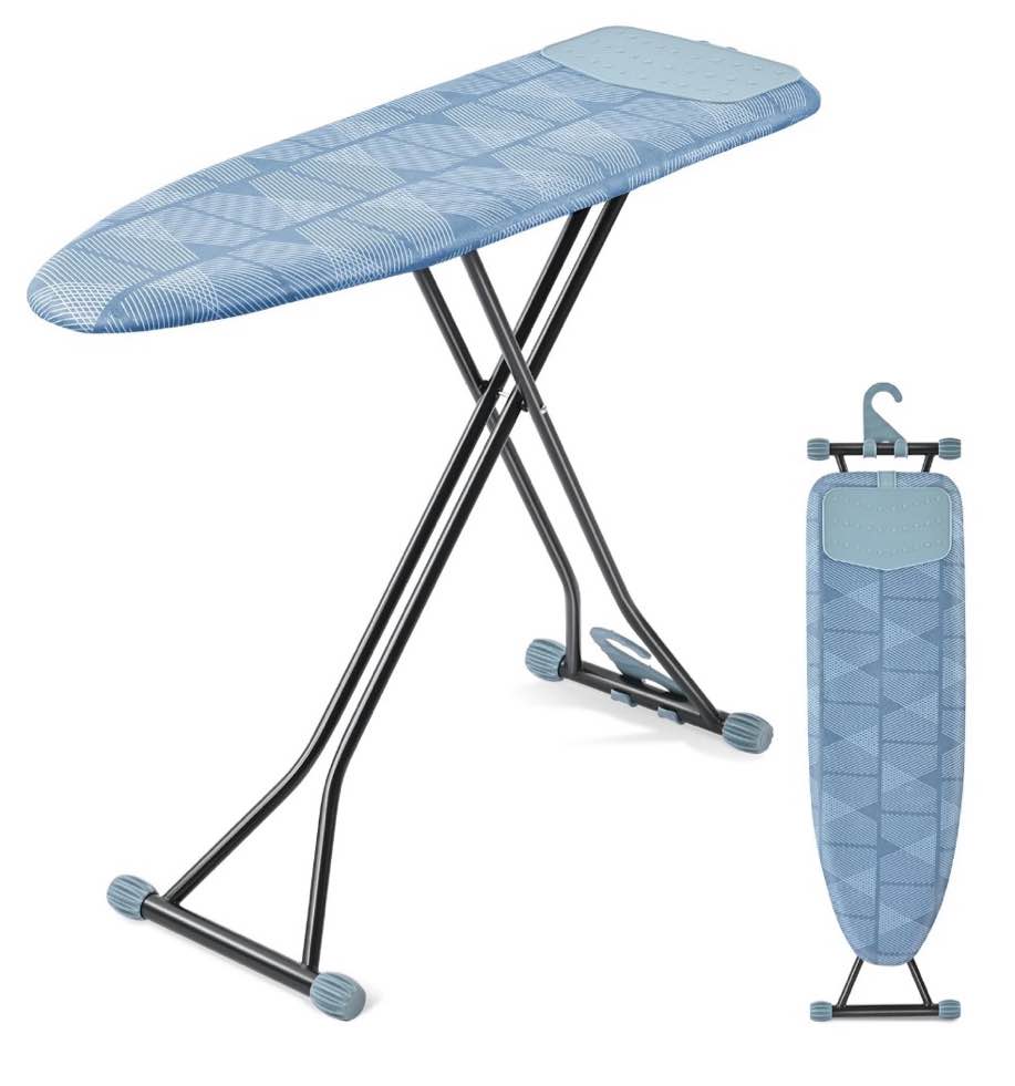 kk kingrack ironing board  iron board full size with hanger & rotating nonslip feet  7 level height adjustable  43x13 in  blue
