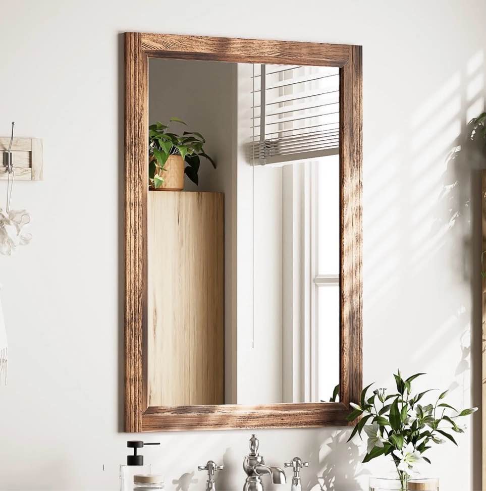 beautypeak 36"x 24"rectangular bathroom mirror wall mirror wooden frame,brown
