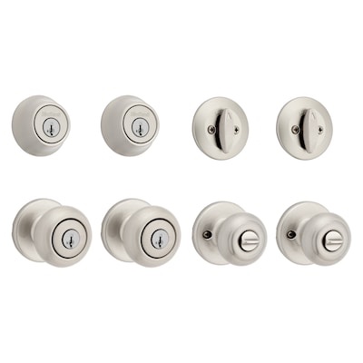 kwikset cove satin nickel exterior single-cylinder deadbolt and keyed entry door knob ft. smartkey security 2 -pack 
