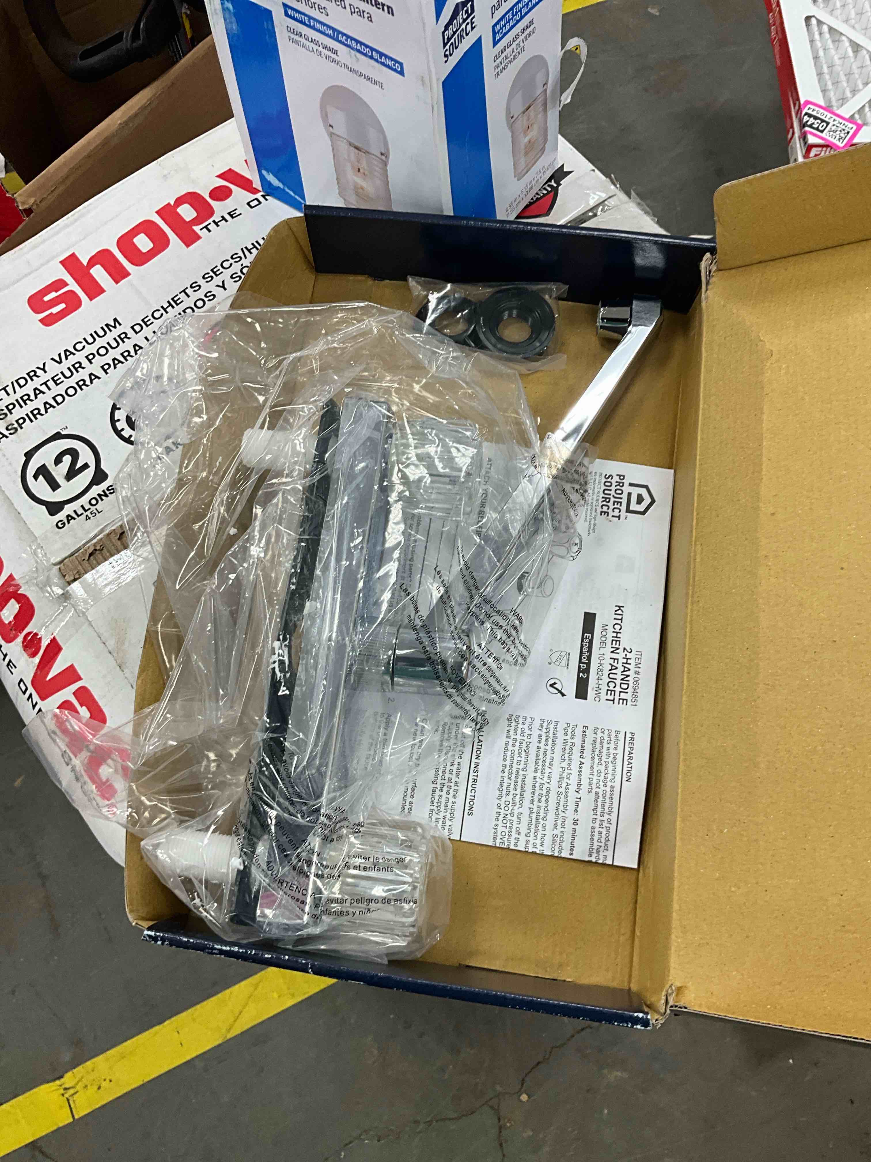 Condition photo showing Good Condition for project source chrome double handle deck-mount kitchen faucet (includes deck plate)