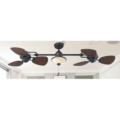 harbor breeze twin breeze ii 74-in oil rubbed bronze with brown wicker blades covered outdoor ceiling fan with light and pull chain included 6 -blade 