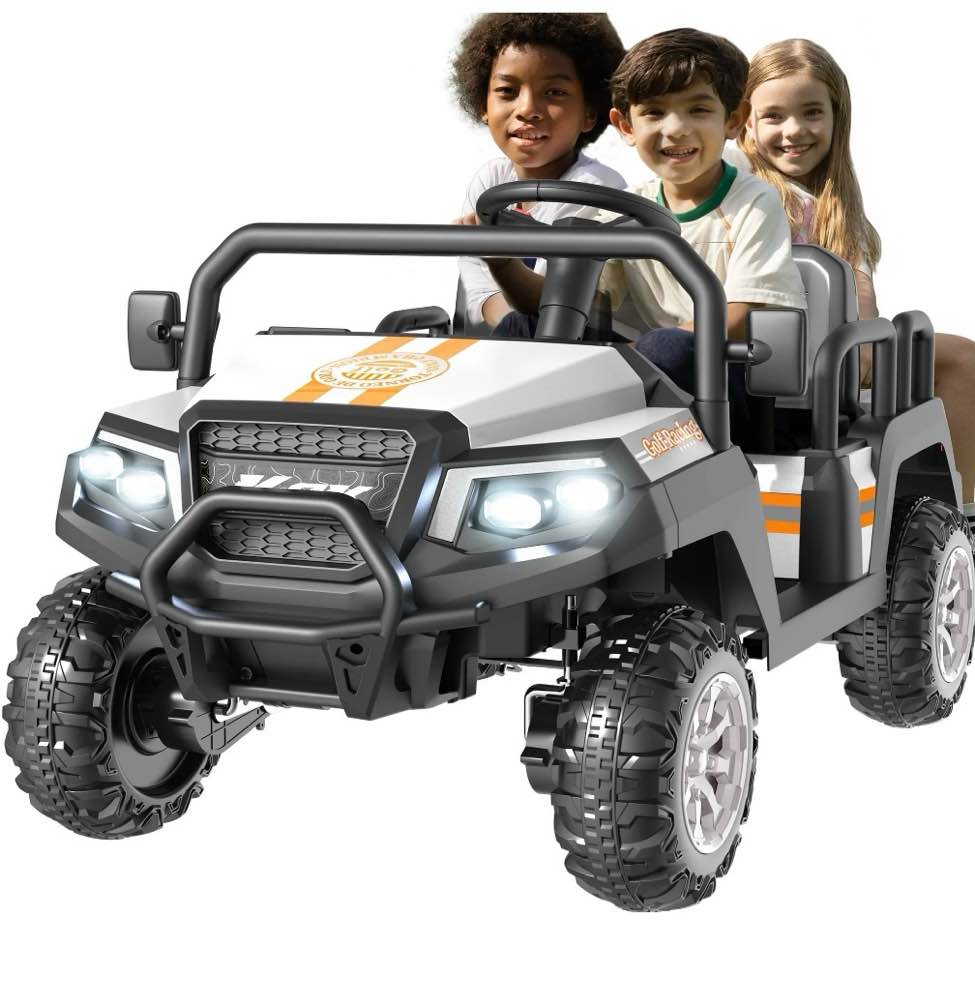 savejoy 24v 4 seater ride on toys, powered ride on cars w/ four wheels, electric car with parent remote control for toddlers kids girls boys, white