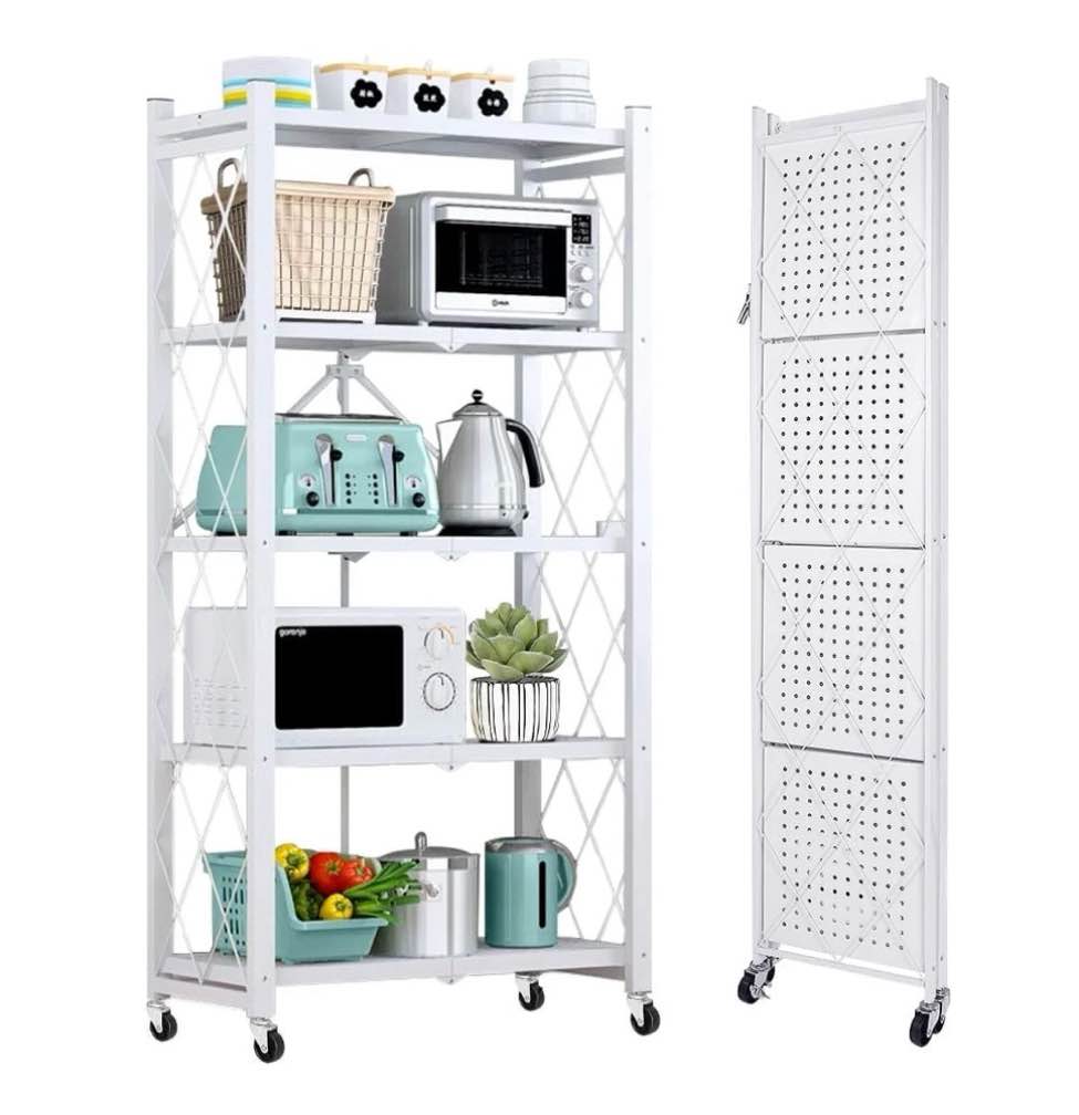 cookcok 5-tier storage shelving unit  metal shelf 27.9 x13.4 x62.5  foldable storage shelf with wheels  garage shelf  metal storage rack  kitchen shelf with 4 hooks  no assemble require  white