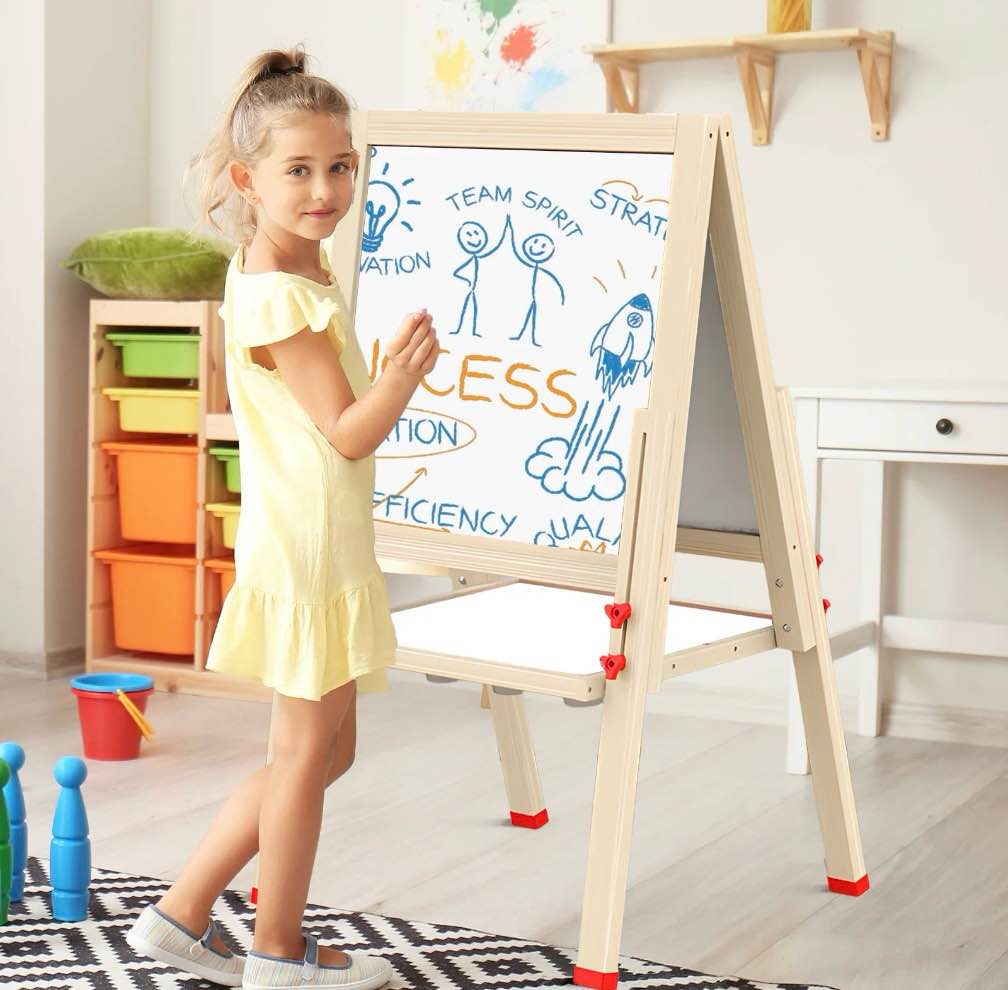 kailwokk art easel for kids, adjustable magnetic double sided wooden toddlers drawing chalkboard, gift & art supplies for 3-8 boys & girls