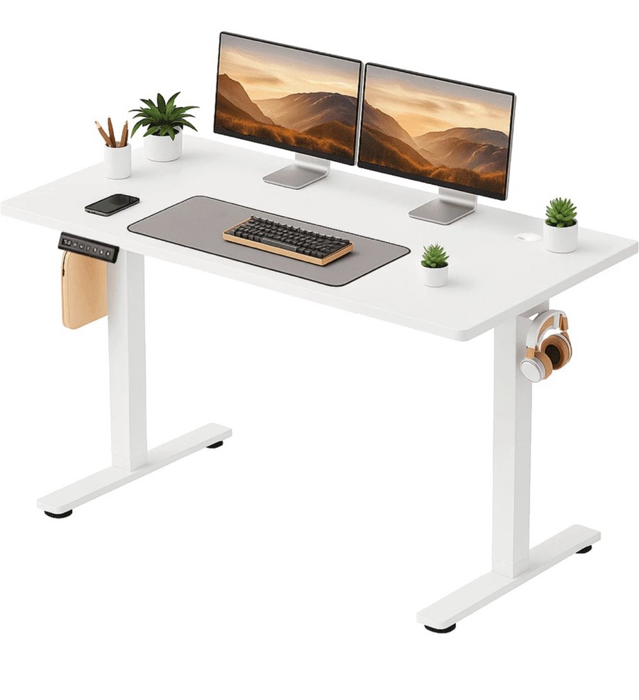 concetta electric height adjustable desk, 55"x24" ergonomic sit stand workstation, one-touch lift home office desk, white