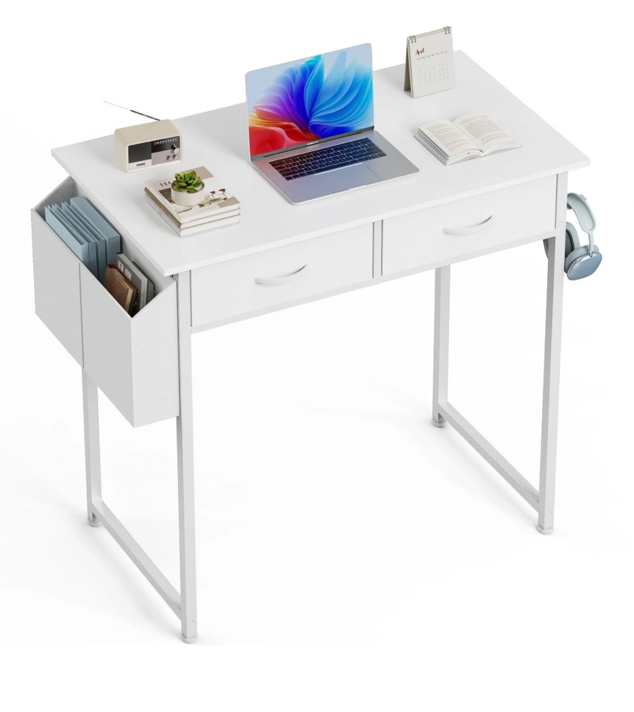 edx small desk with fabric drawers & storage bag iron hook, home office computer desk,white vanity desk with storage for home, bedroom, 32 inch, white