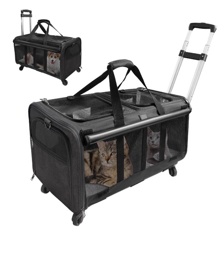 elegx double-compartment pet rolling carrier with wheels for 2 pets for up to 35 lbs cat rolling carrier for 2 cats super ventilated design ideal for traveling/hiking /camping