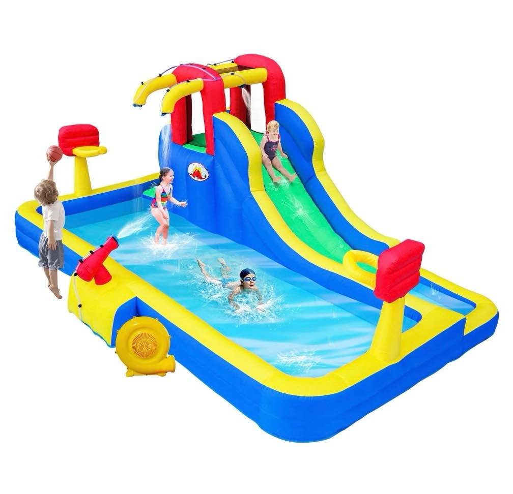 wellfuntime inflatable water park with blower, kids bounce house with slide, large splash pool for backyard