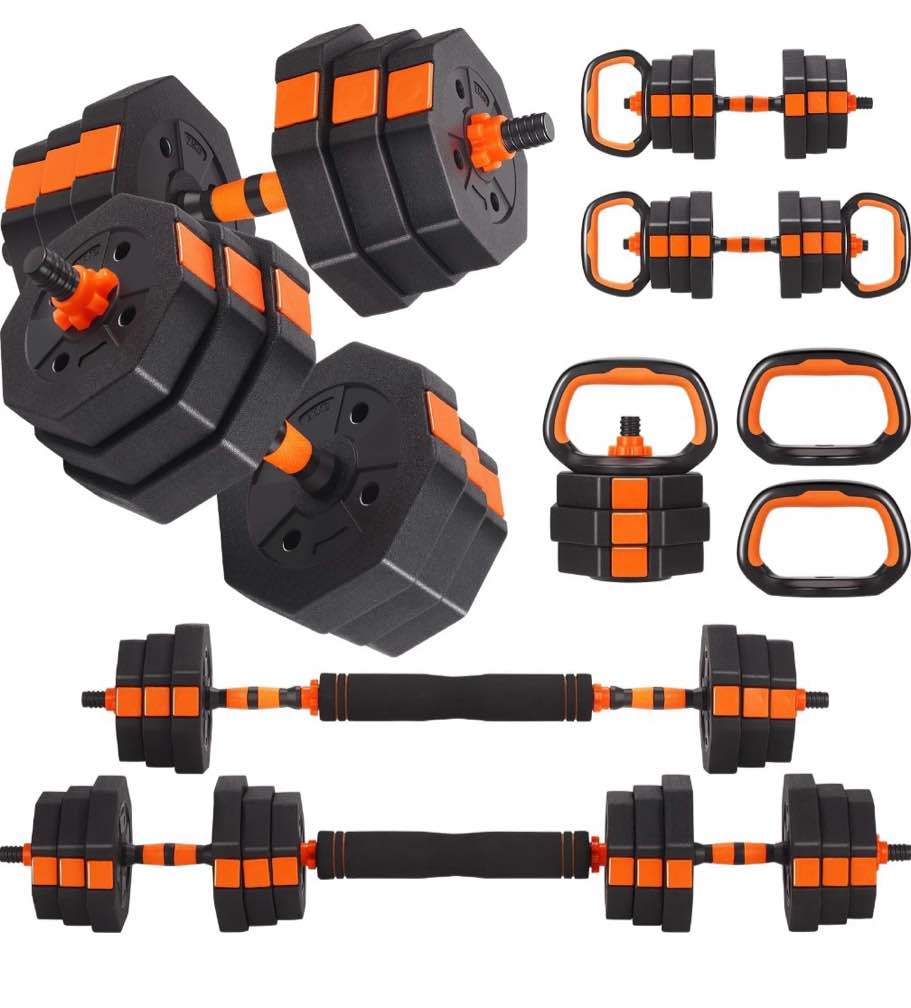 arvakor 66lbs adjustable dumbbell set – octagonal anti-roll design  non-slip grip  versatile weights with barbell  kettlebell  push-up options  orange