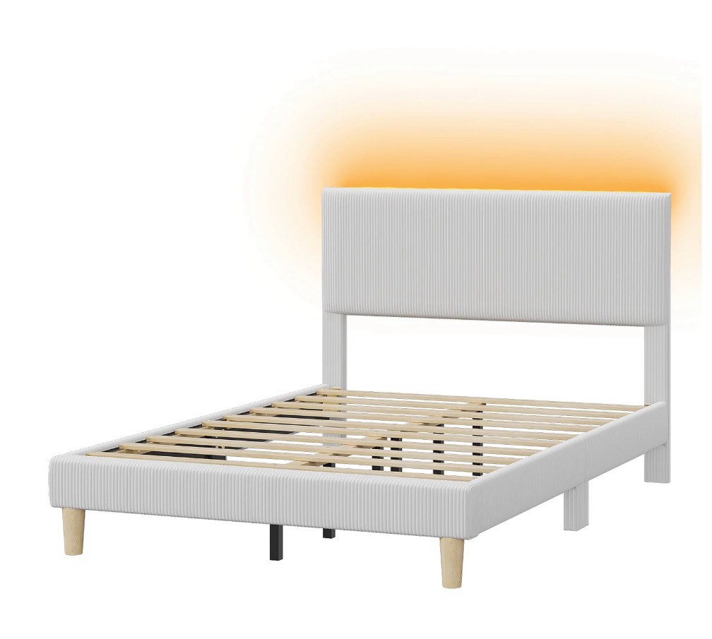 bestier corduroy upholstered full bed frame with adjustable headboard, platform bed frame with led light, solid wood slats, no box spring needed, gray