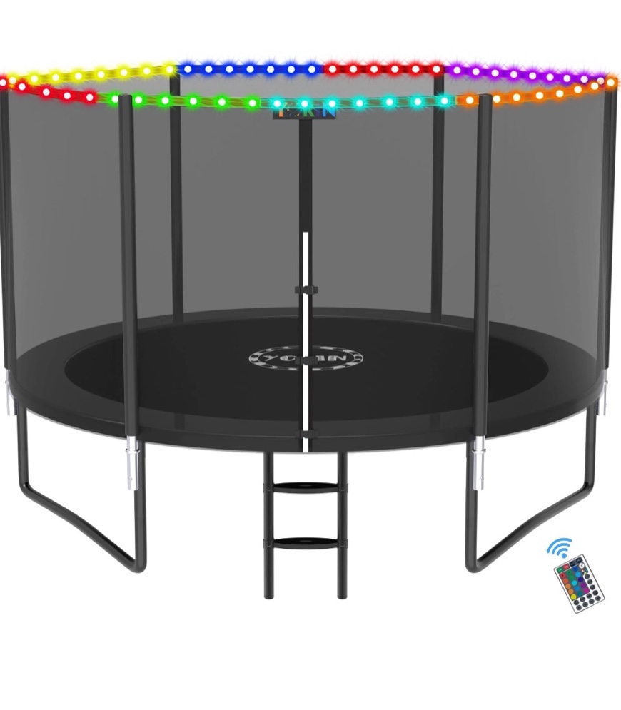yorin trampoline for 2-3 kids, 8ft trampoline for adults with enclosure net, ladder, light, 800lbs heavy duty outdoor round trampoline, safety certified, rust-resistant frame