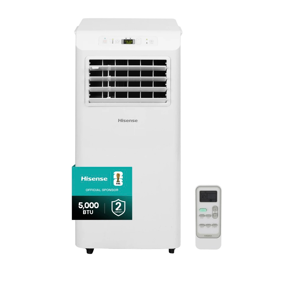 hisense 5,000 btu portable air conditioner 150 sq ft. multi-purpose modes, dual control system, easy clean, snap-assembly window kit, self-evaporation system, white (wap0525cr1w)