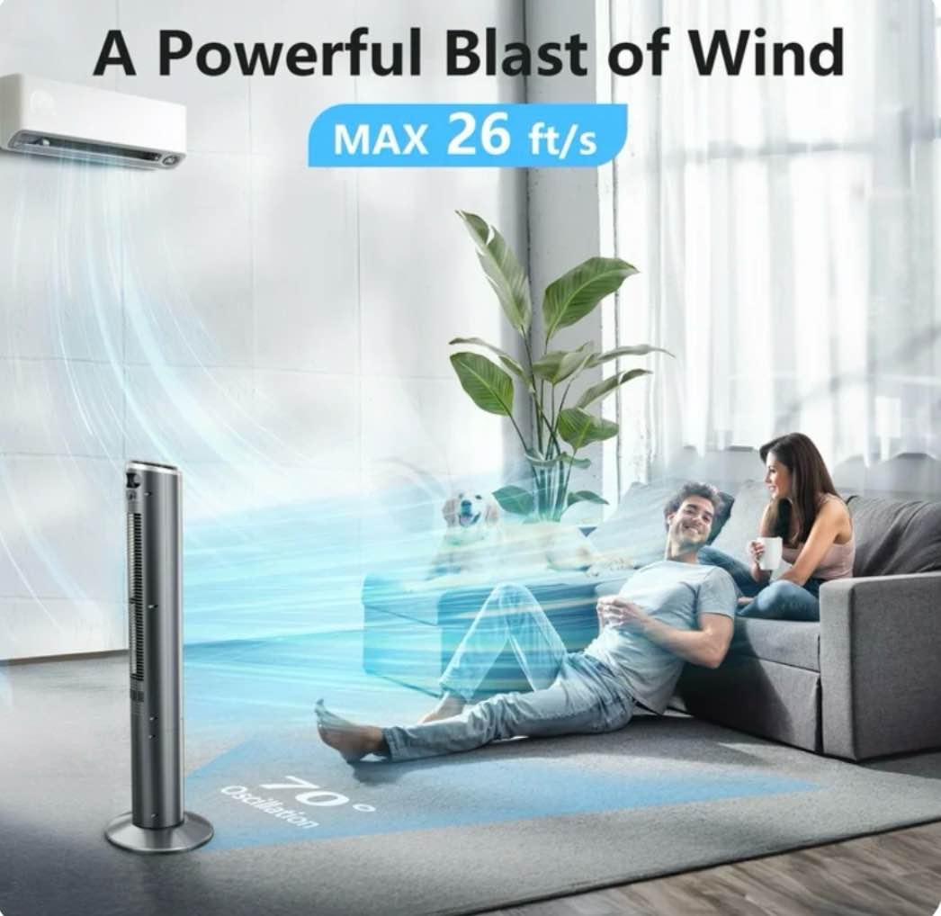 Qunler Tower Fan with Remote 40 Bladeless Fan for Home 70° Oscillation 3 Speeds 2 Modes 15H Timer Quiet AC Motor Floor Fan for Bedroom Office