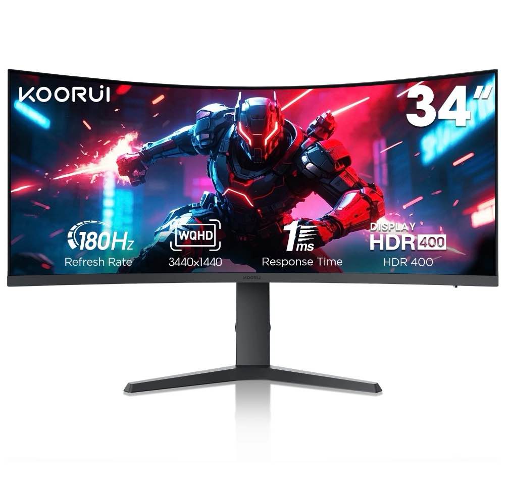 KOORUI 34''  WQHD Curved Gaming Monitor, 180Hz Ultrawide Monitor, 3440×1440p 1ms(MPRT) HDR400, Black