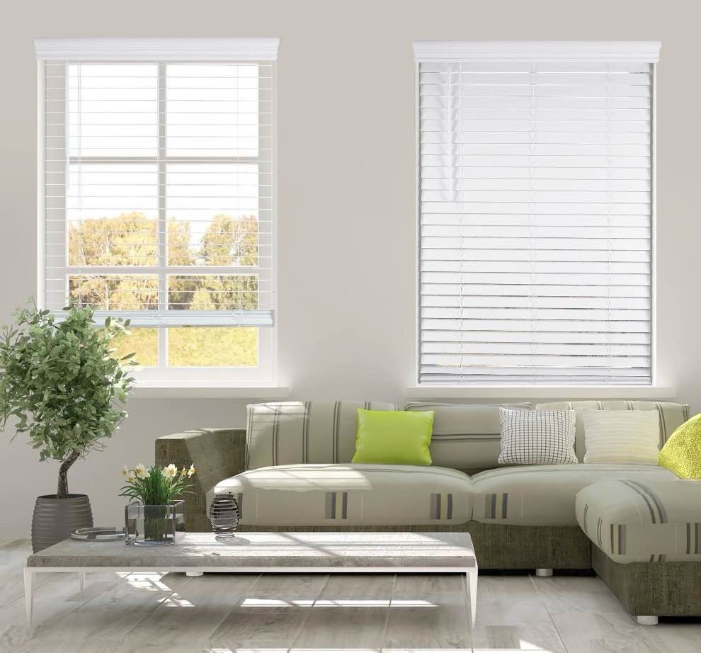 ARLO BLINDS Faux Wood Blind with Crown Valance - 22 1/2 W x 36 H  White  Cordless 2  Slat Horizontal Blind - for Kitchen  Bedroom  Living Room  Doors