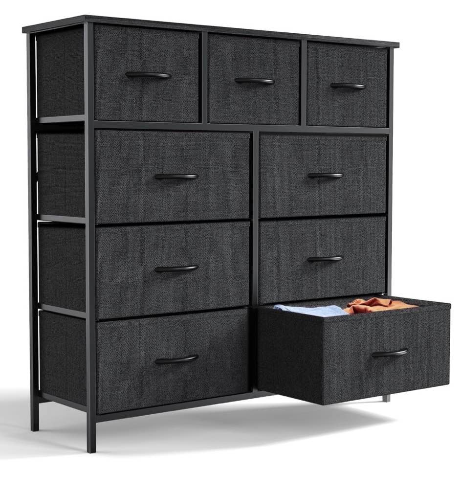 edx 9 Drawer Fabric Dresser for Bedroom, Chest of Drawer Organizer Storage Cabinet for Closet, Entryway, Black