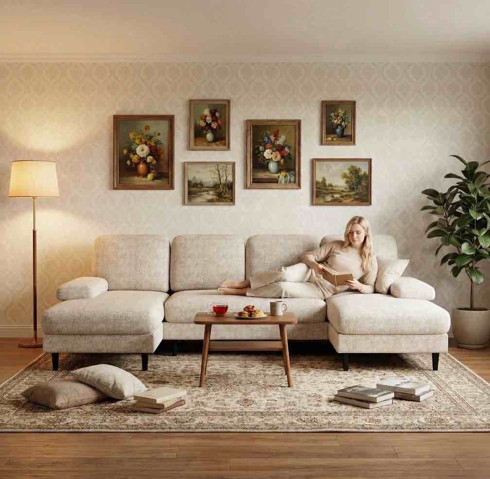 CONCETTA U Shaped Sectional Sofa Couches with Double Chaise 4-Seat Set, Chenille Fabric Cushion for Living Room Home Furniture, Beige