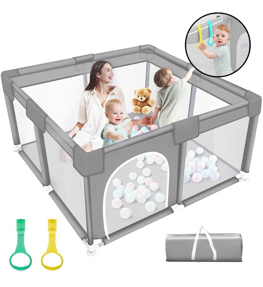 HioHa 52" x 52" Baby Playpen, Portable Play Yard with Sturdy Steel Frame & Breathable Mesh, Indoor Outdoor Baby Play Area