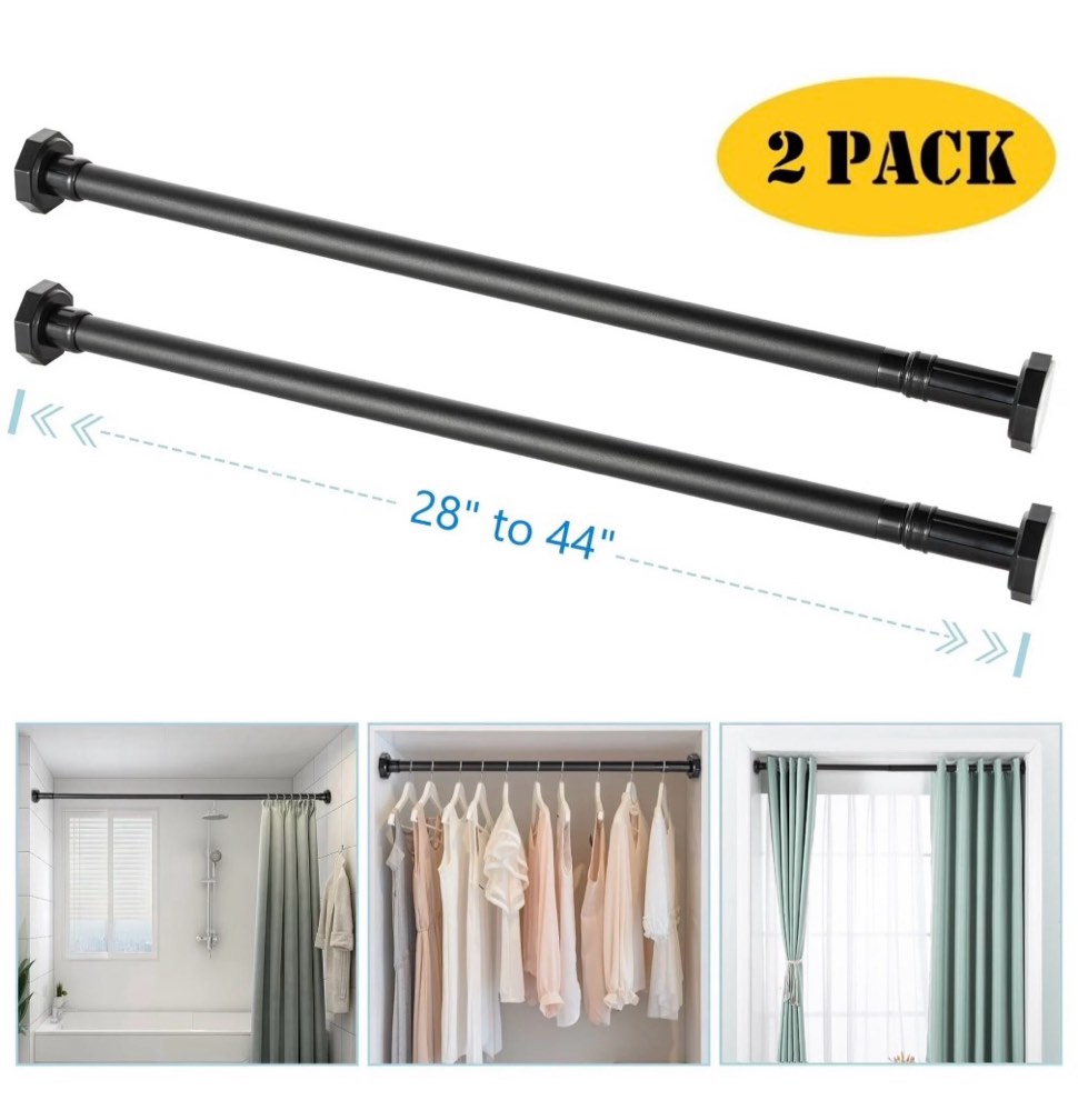 beamnova 28 -44  adjustable tension curtain rod  no drilling telescopic tension rods for doorway closet windows curtains  black (2 pack)