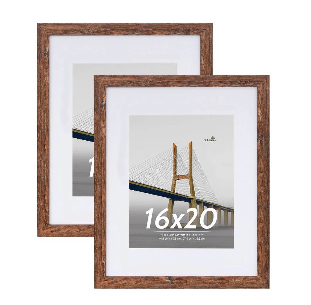 scholartree 2 pack 16x20 wood gallery poster frame  16x20 matted to 11x14 wall frames  brown