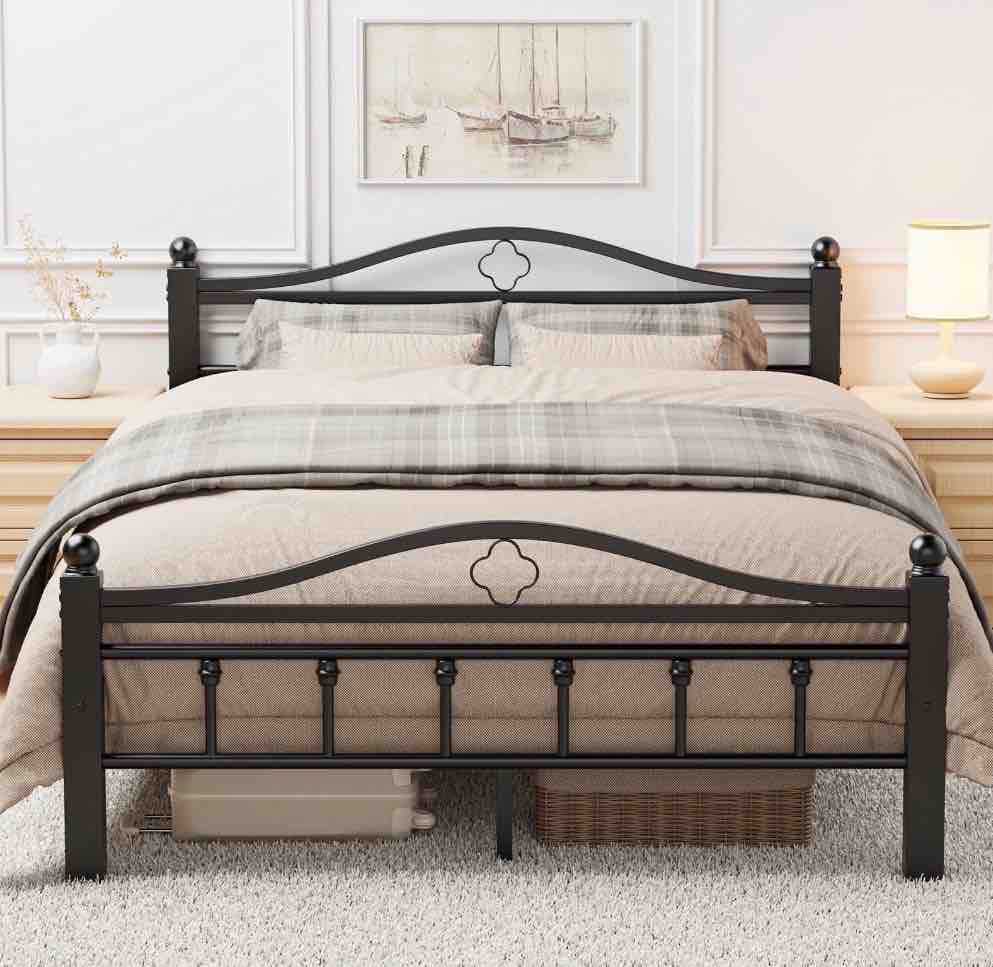 full size bed frame with headboard - heavy duty full platform bed frame supports 1500lbs, noise free, under-bed storage, mattress foundation, no box spring needed, easy assembly