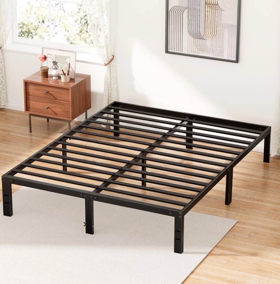 edx 14 inches queen bed frame, heavy duty metal platform with storage space under frame, no box spring needed queen size bed frame, black